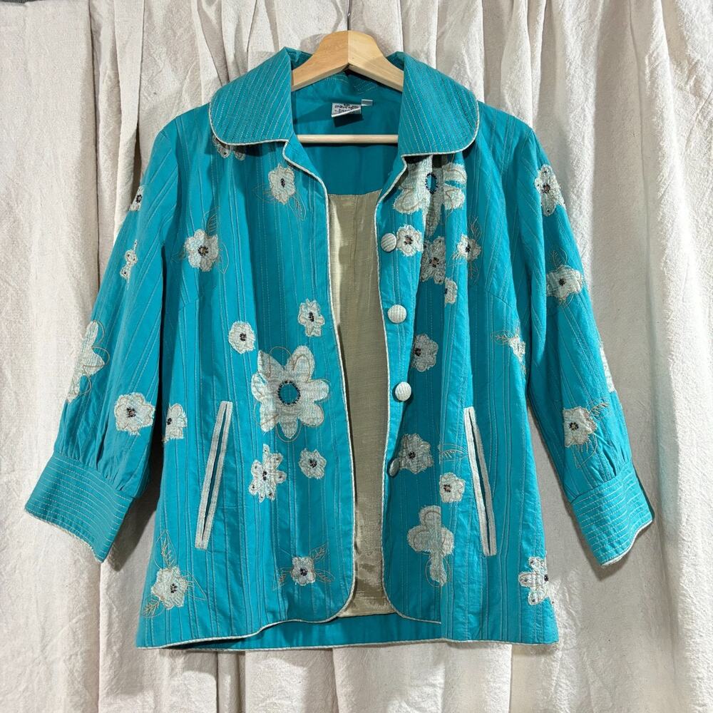 parsley & sage Turquoise Floral Appliqué Embroidered Jacket Small Art to Wear